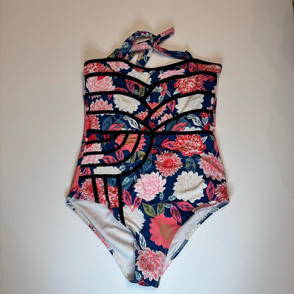 Cupshe Cottagecore Floral Halter One Piece Swimsuit Navy Pink Small